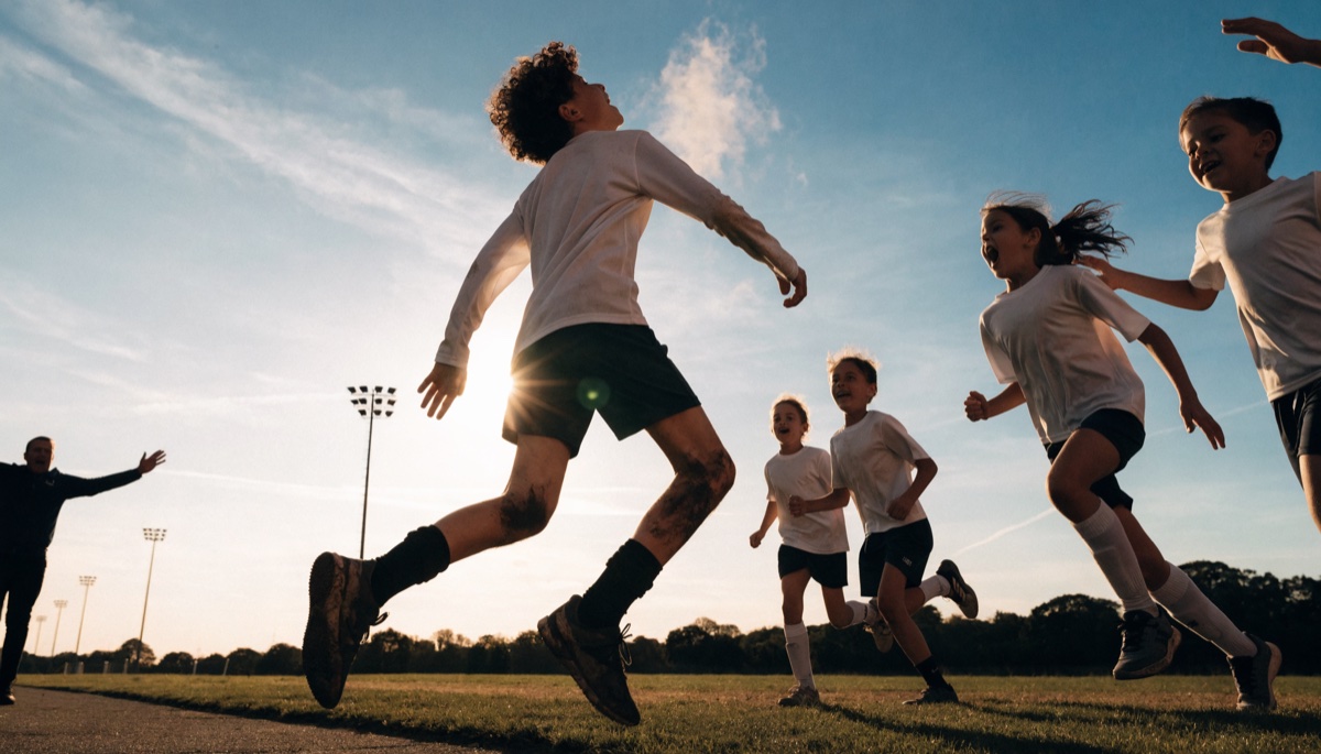 A late goal celebrated at golden hour — teammates running in, the coach with arms raised