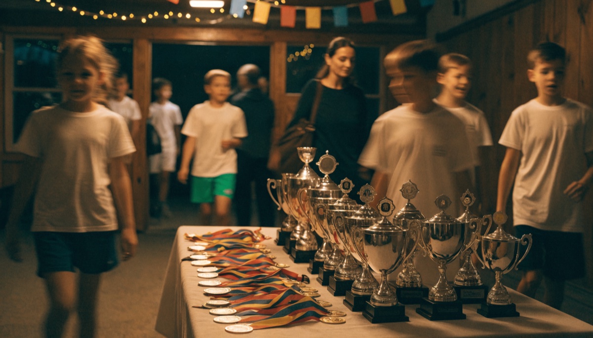 Presentation night in the clubhouse — trophies and medals laid out under bunting