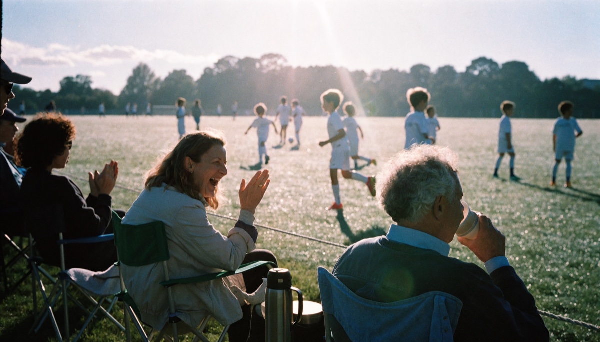 Parents laughing and clapping on the touchline with coffees while the match plays on