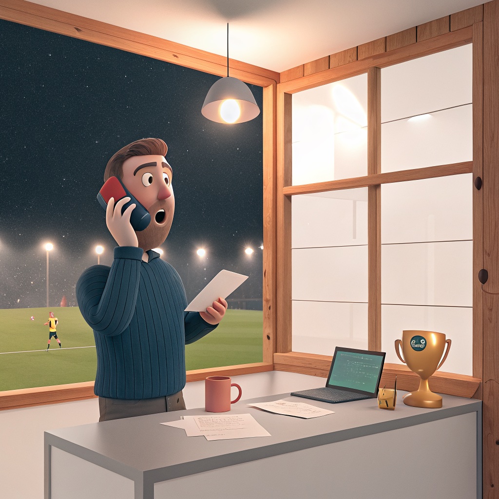 A volunteer in the clubhouse on the phone, papers in hand, training going on under floodlights outside the window