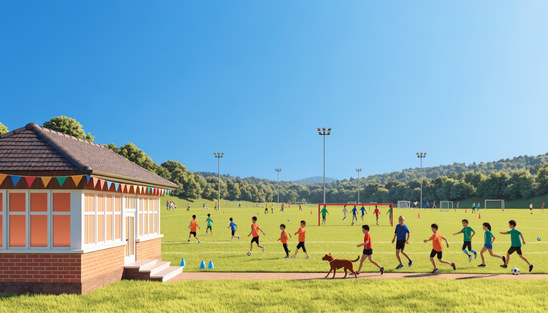 The clubhouse on a sunny Saturday — bunting up, a kickabout outside, the club's living centre, with moments flowing in from the community and updates flowing out